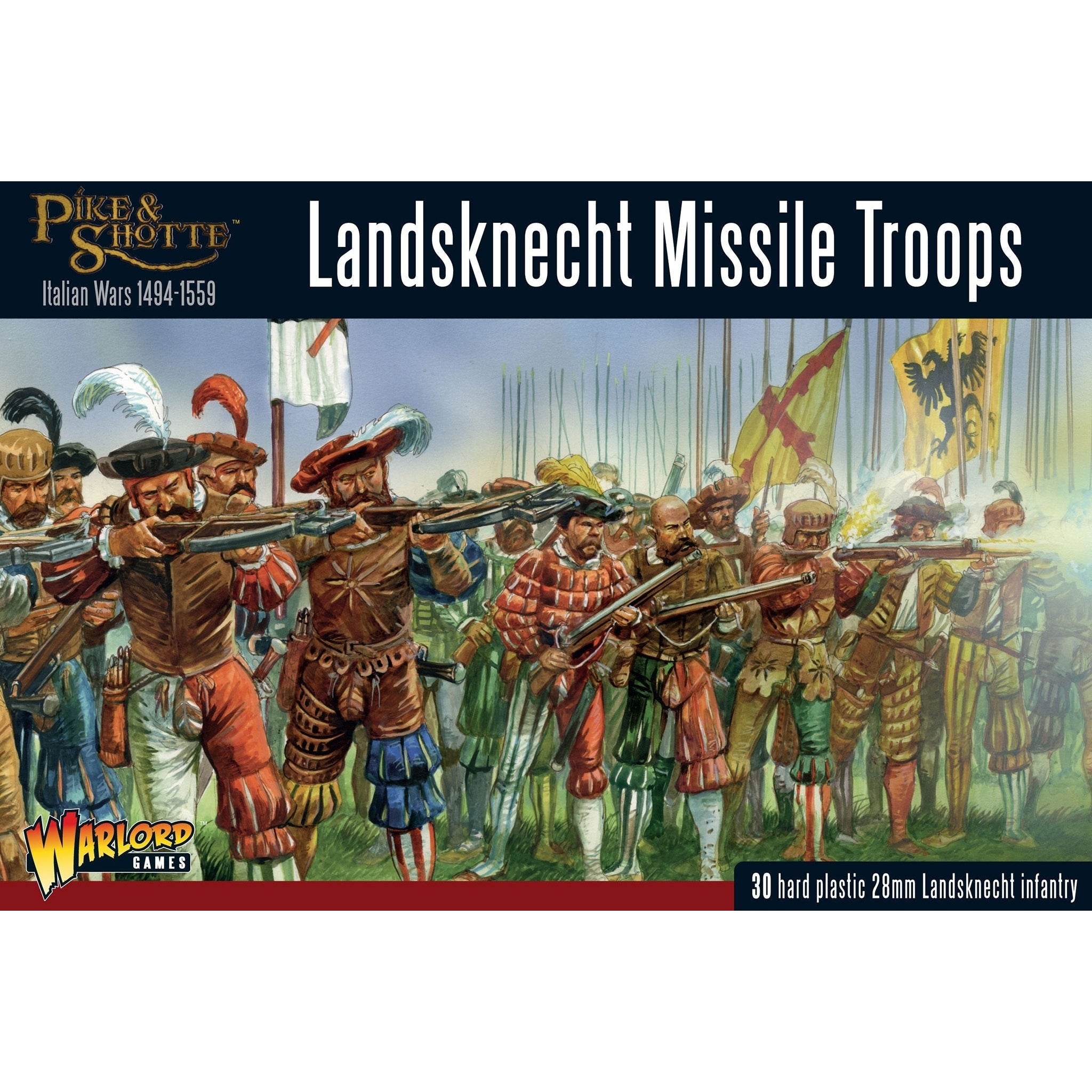 Pike and Shotte | Landsknecht Missile Troops | 28mm Plastic Unit | Warlord | Miniature Kingdoms