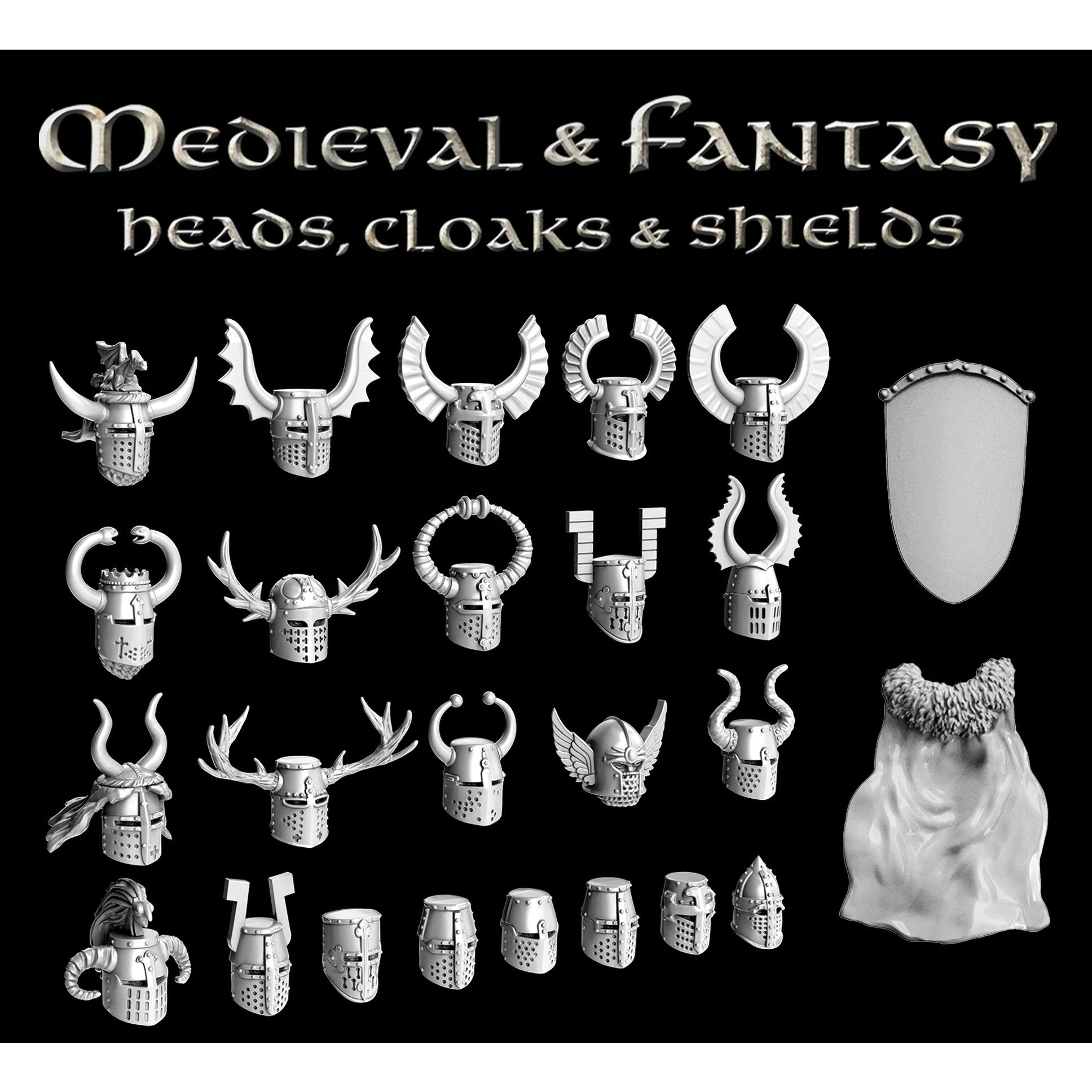 Victrix | Medieval & Fantasy Heads, Cloaks and Shields | 28mm Plastic Extras