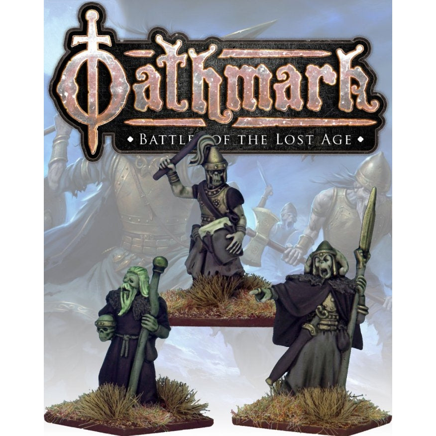 Oathmark | Necromancer, Undead King and Drummer | 28mm Metal Blister Pack | North Star Games | Miniature Kingdoms