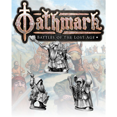 Oathmark | Dwarf King, Wizard and Musician II | 28mm Metal Blister Pack | North Star Games | Miniature Kingdoms